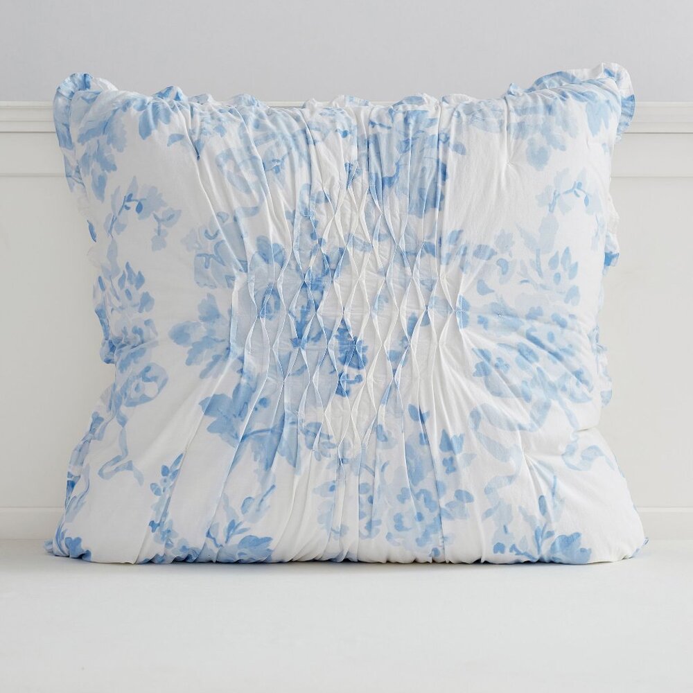 LoveShackFancy Blue Garden Floral Damask Smocked Euro Pillow Sham Cover NEW